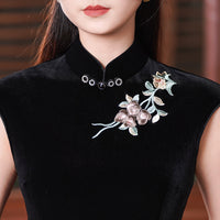 Black Floral-Embroidered Modern Qipao Midi | Mandarin Collar