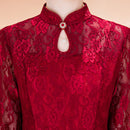 Red Plus Size Lace Mother Dress | Mandarin-Collar Tea-Length Gown