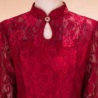 Red Plus Size Lace Mother Dress | Mandarin-Collar Tea-Length Gown