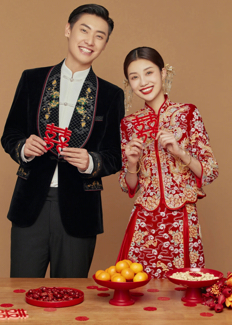 Winter Bridal Dragon-Phoenix Qun Gua | Heavy Goldwork Embroidery