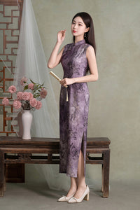 Purple Floral Sleeveless Slim Long Qipao Dress | Mandarin Collar Frog Button Bodycon Side Slit Wedding Banquet Party Gown