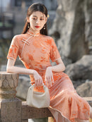 Peach Pink Orange Floral Qipao Dress Slim Fit High Neck Mesh Panel Short Sleeve Side Slit Maxi