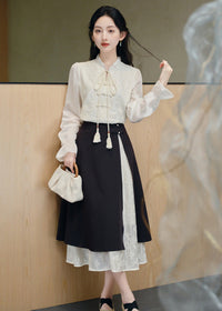 Modern Chinese Two-Piece Set | Tassel Frog-Button Blouse & Layered Wrap Skirt