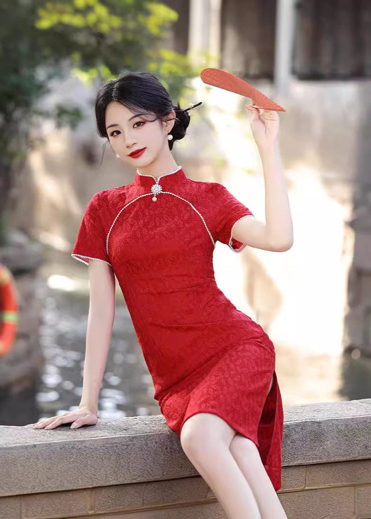 Vintage Red Lace Qipao Dress | Pearl Trim Mandarin Collar Slim Midi Cheongsam