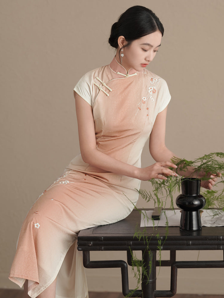 Traditional Half-Mandarin Jacquard Qipao | Vintage Style Pink Dress with Side Slit | Slim Fit Design