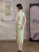 Mint Green Tonal Jacquard Sleeveless Qipao Maxi Dress | Mandarin Collar Slim Slit Cheongsam