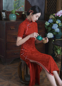 Red Jacquard Qipao Dress | Mandarin Collar, Asymmetric Frog Buttons | Slim Silhouette with Side Slit