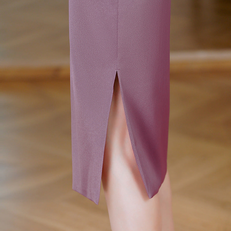 Aubergine Acetate Stretch Satin Embroidered Modern Qipao Midi | Mandarin Collar Keyhole