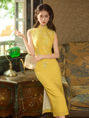 Butter Yellow Floral Embroidered Sleeveless Qipao Maxi Dress