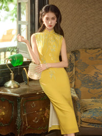 Butter Yellow Floral Embroidered Sleeveless Qipao Maxi Dress