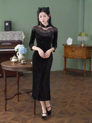 Black Lace-Paneled Qipao | Modern Mandarin, Slim Mid-Length Evening Dress