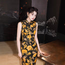 Black Base Golden Rose Print Sleeveless Qipao Dress | Mandarin Collar Slim Midi Cheongsam