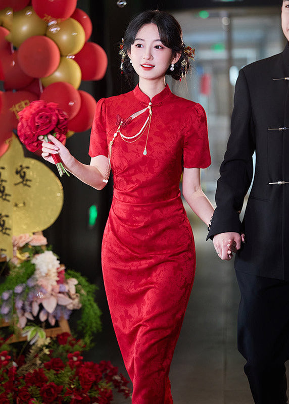 Modern Red Qipao Dress | Jacquard Slim Midi | Bridal Engagement & Tea Ceremony