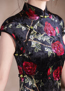 Velvet Rose-Embroidered Qipao | Black with Red Florals