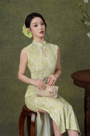 Pink Floral Sleeveless Velvet Qipao Dress | Slim Mandarin Maxi