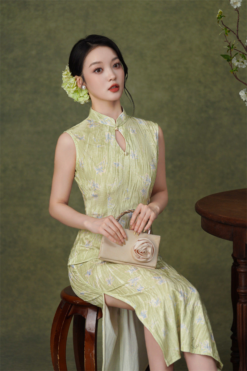 Pink Floral Sleeveless Velvet Qipao Dress | Slim Mandarin Maxi