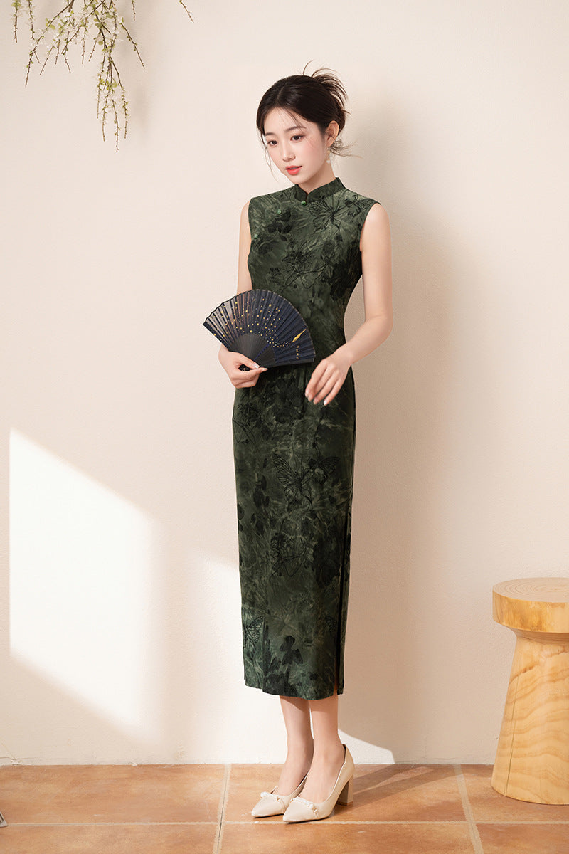 Forest Green Jacquard Sleeveless Qipao Dress | Mandarin Collar Slim Maxi Cheongsam