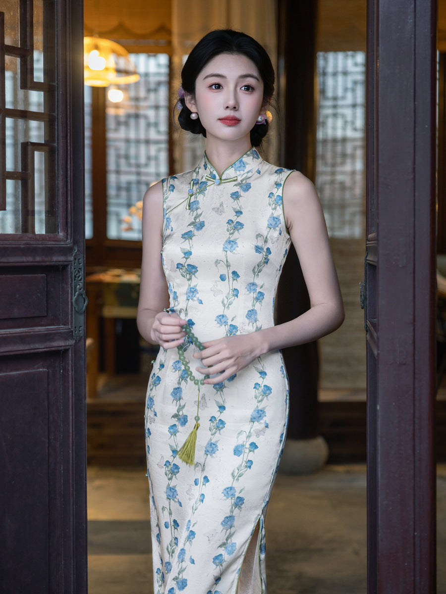 Floral Sleeveless Qipao Dress | Mandarin Collar Slim Midi Cheongsam