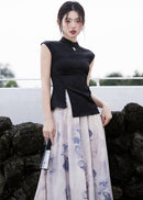 Modern Chinese Set | Sleeveless Mandarin Top & Ink-Print Maxi Skirt