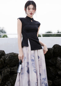 Modern Chinese Set | Sleeveless Mandarin Top & Ink-Print Maxi Skirt
