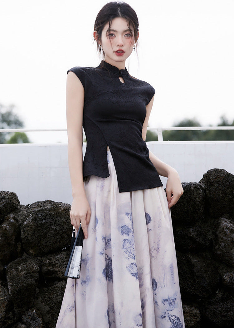 Modern Chinese Set | Sleeveless Mandarin Top & Ink-Print Maxi Skirt