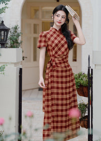 Red Check Modern Chinese Qipao Dress | Picnic & Day Trip Ready