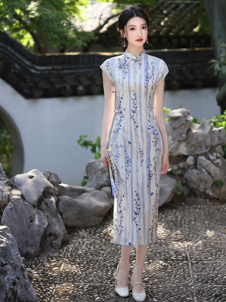 Spring Elegant Purple-Stripe Qipao | Slim Mandarin Collar Cap Sleeves