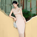 Bamboo Embroidered Qipao Dress | Champagne Mandarin Collar Slim Chinese Dress | HANGRACE
