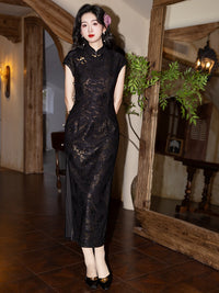 Black Gold Lace Embroidered Vintage Qipao Dress | High Waist Slim Fit Design