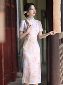 Light Pink Floral Print Qipao Dress | Short Sleeve Midi Look