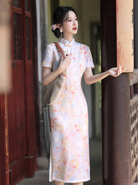 Light Pink Floral Print Qipao Dress | Short Sleeve Midi Look