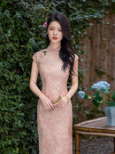 Pink Floral Lace Jacquard Qipao Maxi Dress | Mandarin Collar Slim Slit Cheongsam