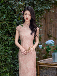 Pink Floral Lace Jacquard Qipao Maxi Dress | Mandarin Collar Slim Slit Cheongsam