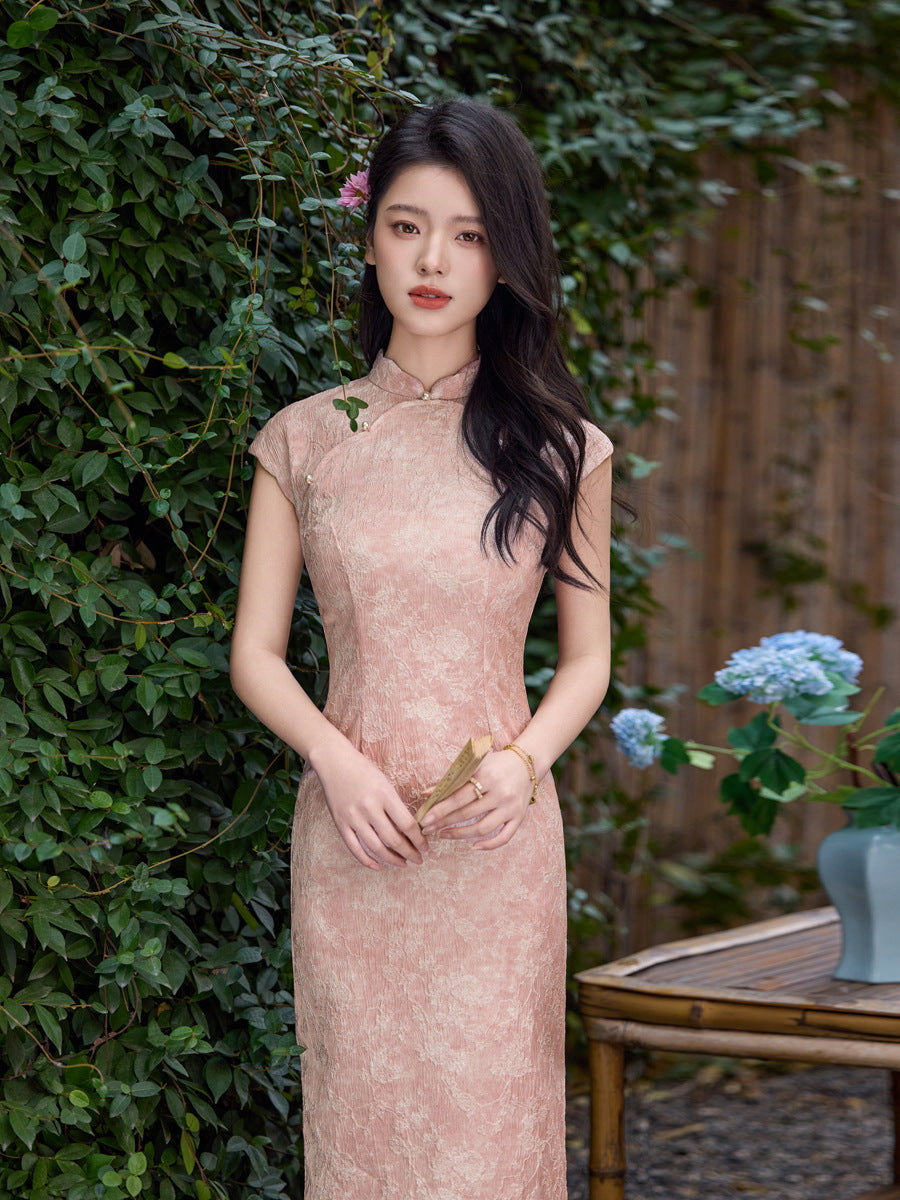 Pink Floral Lace Jacquard Qipao Maxi Dress | Mandarin Collar Slim Slit Cheongsam
