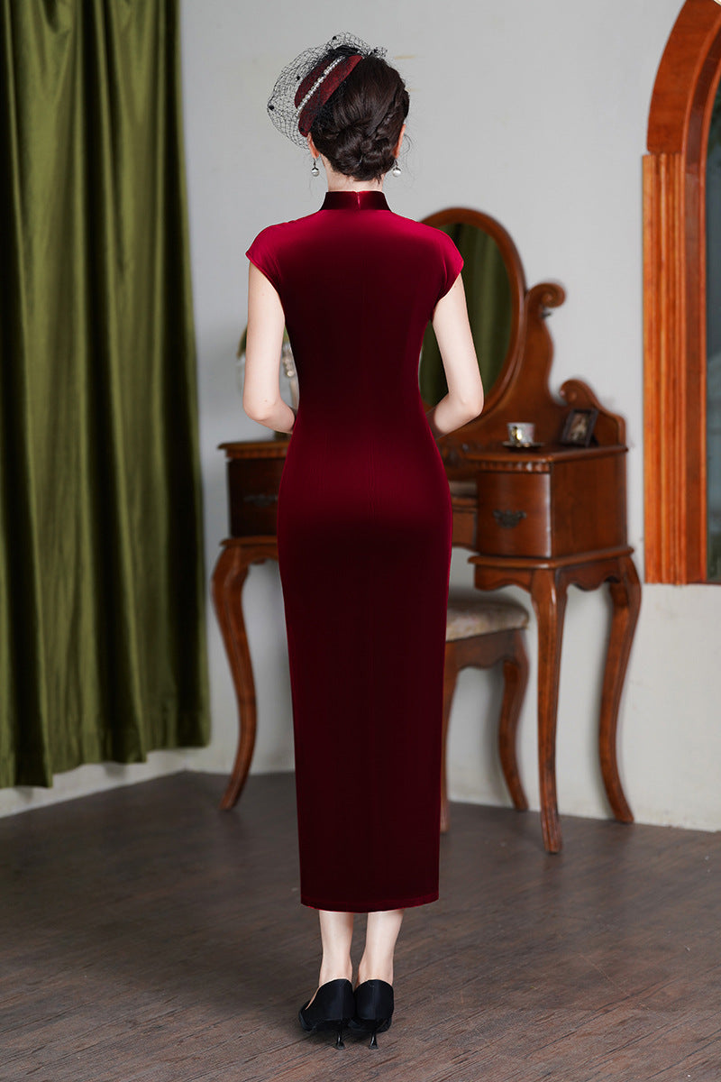 Burgundy Vintage Qipao Dress | Slim Long Silhouette