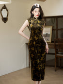 Olive-Green Floral Modern Qipao Midi | Sleeveless Mandarin Neck