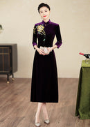 Embroidered Modern Qipao Maxi | Wine Red/Purple/Black | Mandarin Collar 3/4 Sleeves