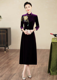 Embroidered Modern Qipao Maxi | Wine Red/Purple/Black | Mandarin Collar 3/4 Sleeves