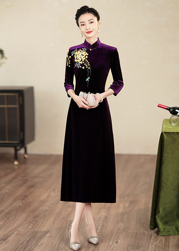 Embroidered Modern Qipao Maxi | Wine Red/Purple/Black | Mandarin Collar 3/4 Sleeves