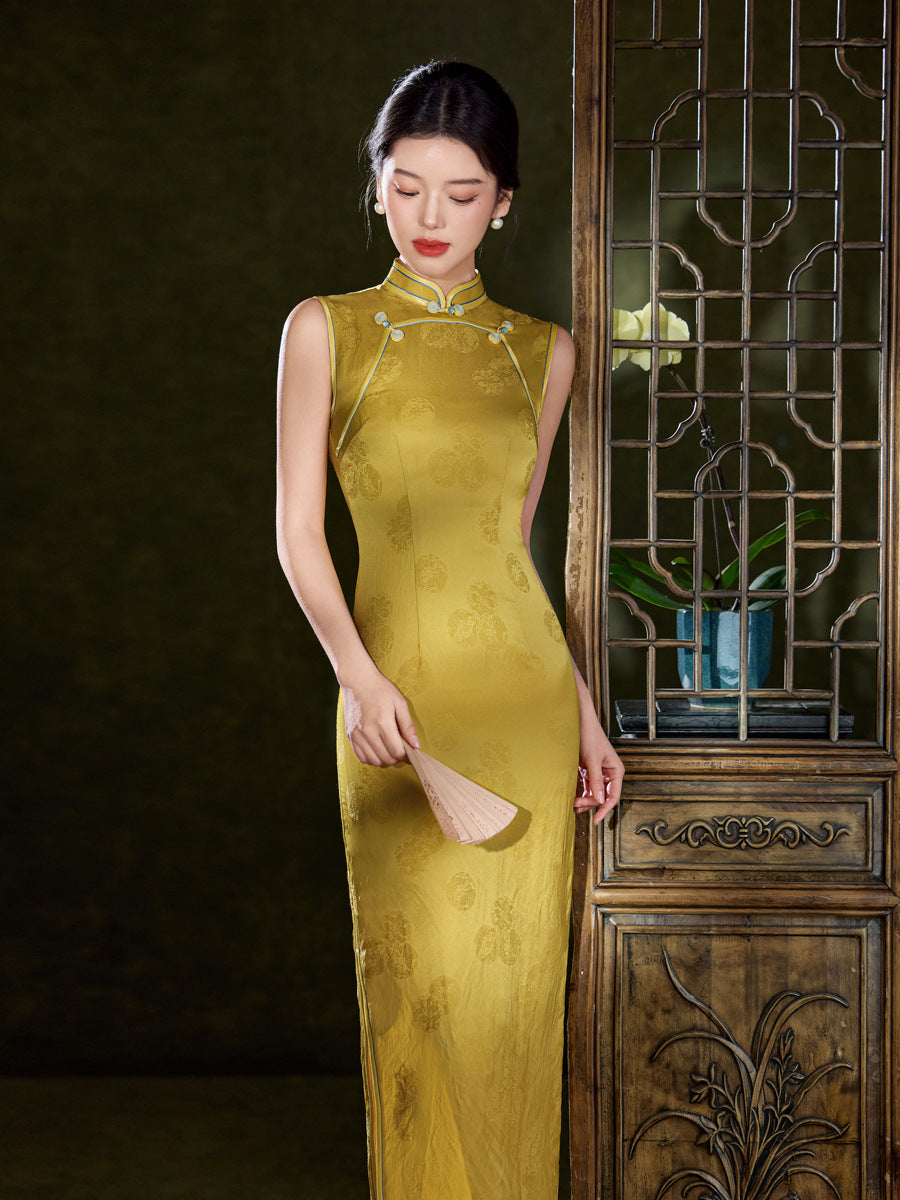 Gold Tonal Jacquard Sleeveless Qipao Dress | Mandarin Collar Slim Midi Cheongsam