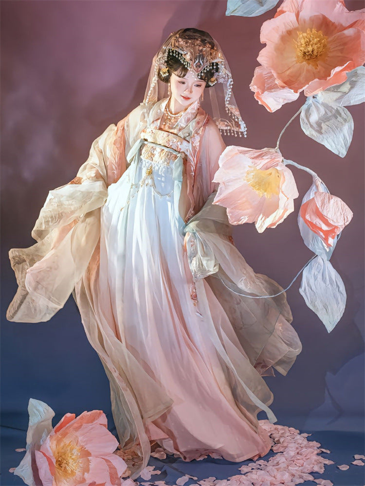 Elegant Hanfu Dress with Floral Embroidery, Soft Pastel Colors