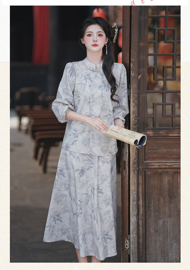 Mist-Grey Ink-Print Modern Hanfu Set | Mandarin-Collar Puff-Sleeve Top & High-Waist Skirt