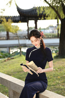 Navy Minimalist Short Sleeve Qipao Dress | Mandarin Collar Slim Maxi Cheongsam