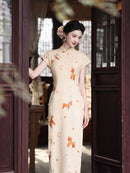 Playful Horse Print Qipao | Cream Vintage Chinese Cheongsam Midi Dress