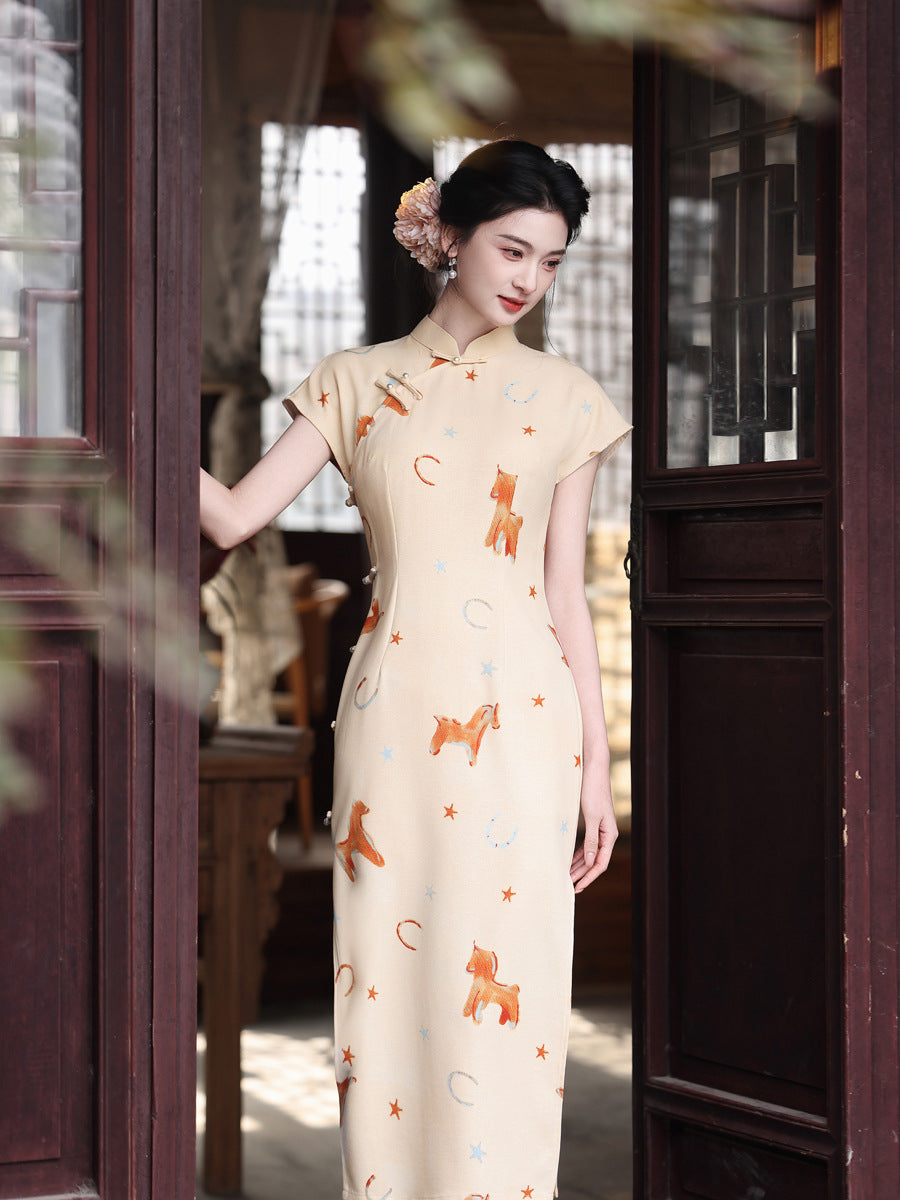 Playful Horse Print Qipao | Cream Vintage Chinese Cheongsam Midi Dress
