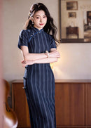 Navy Striped Qipao | Mandarin Collar Slim Midi Dress