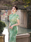 Ink-Wash Crane Print Qipao Dress | Slim Mandarin Collar & Side Slit | Mist Blue & Jade Green