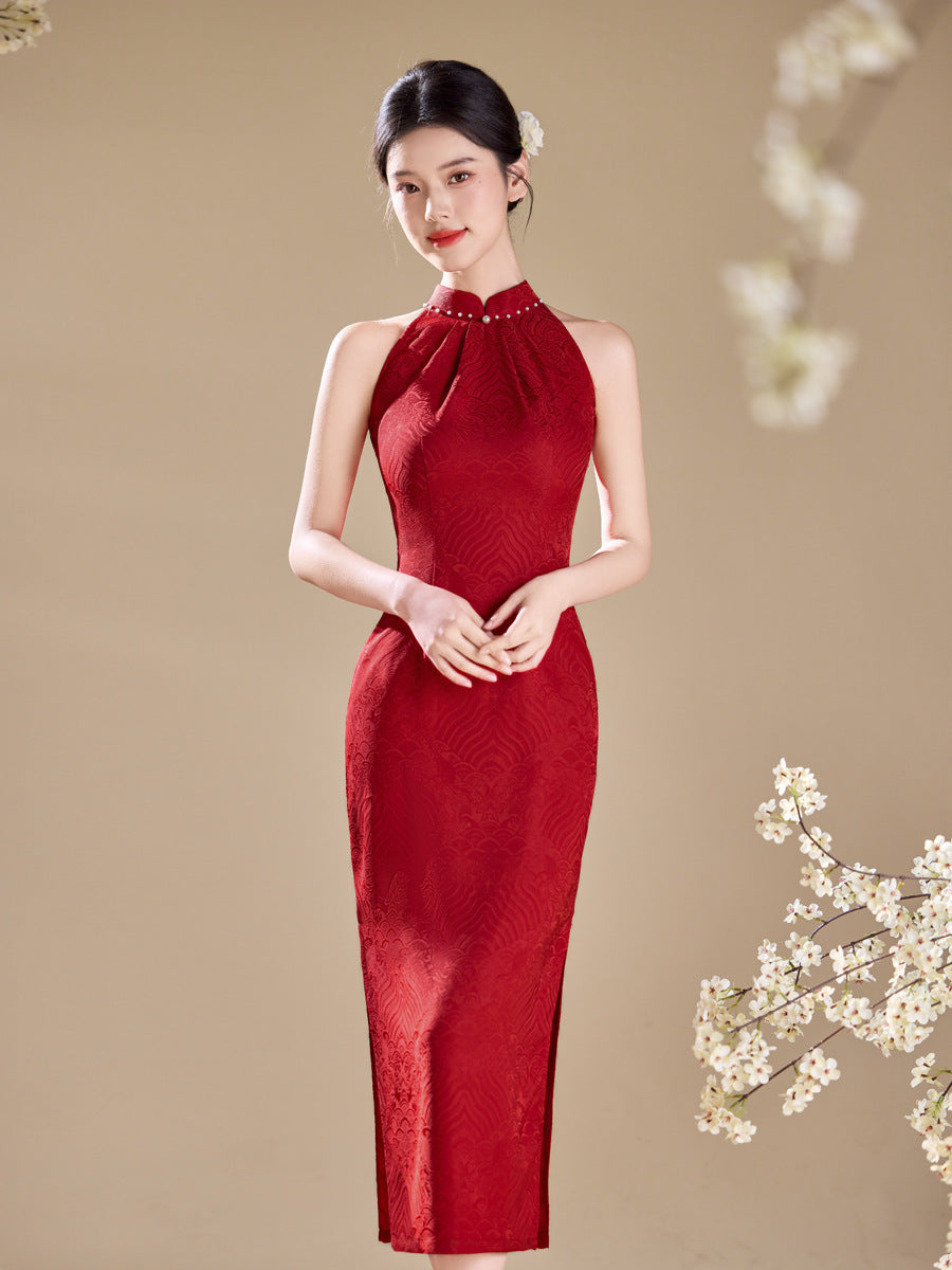 Red Halter Neck Side Slit Qipao | Elegant Chinese Cheongsam Dress