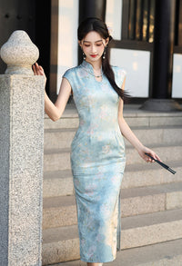 Green Floral Silk Mandarin Collar Qipao | Elegant Slim-fit Banquet Dress