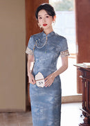 Mist-Blue Vintage Jacquard Qipao | Slim Mandarin Maxi